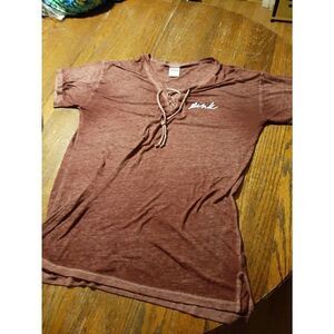 Medium Pink Victorias Secret Mauve Short Sleeve Lace Neck Semi Sheer Top Shirt